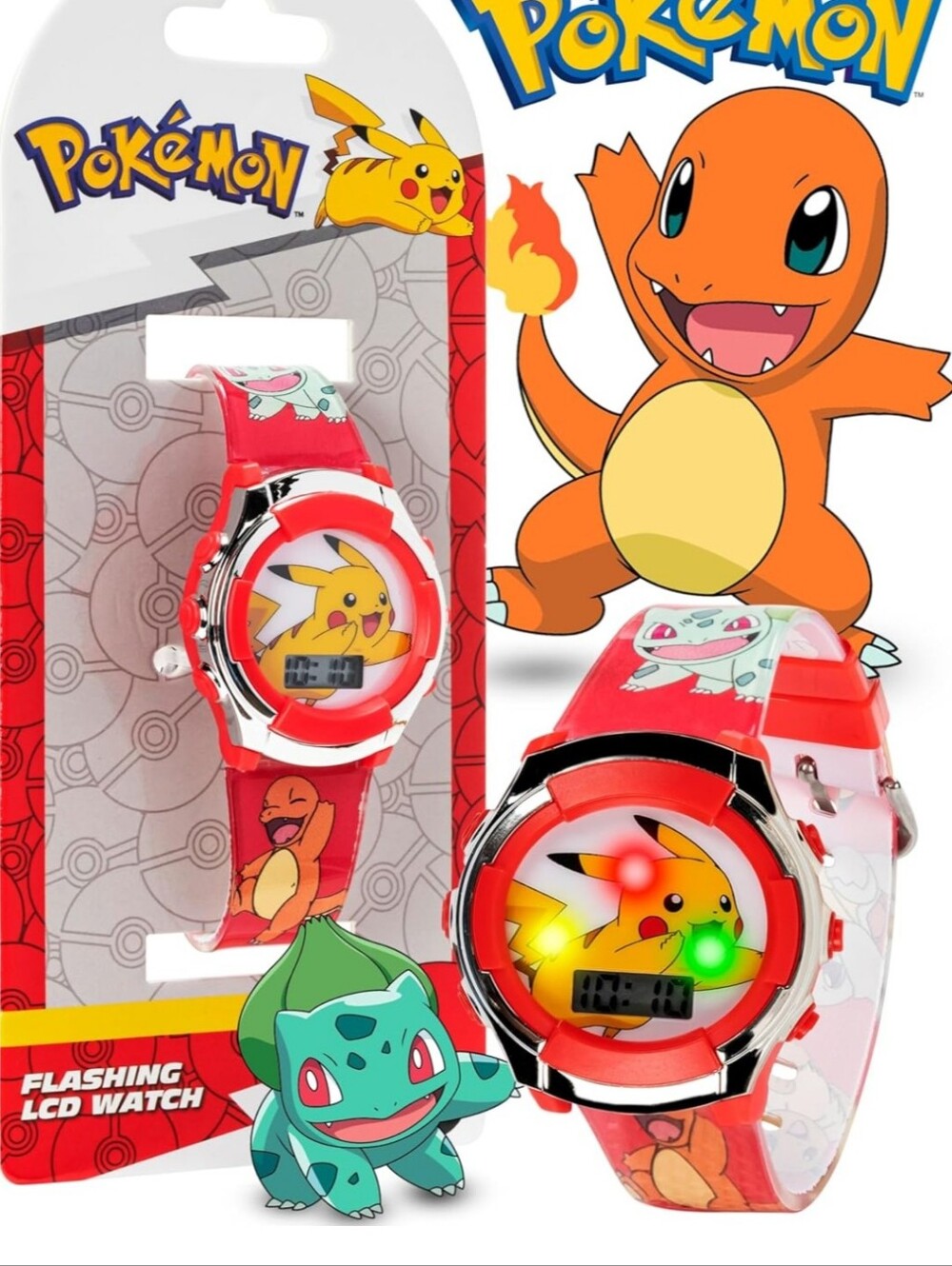 Kids Flashing LCD Watch - Red Pikachu & Bulbasaur